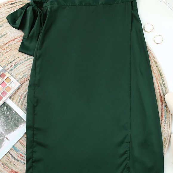 Green Satin Wrap Midi Skirt with Split - Picture 7 of 14